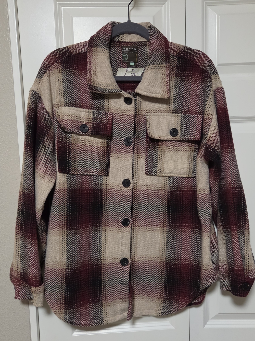 Roper Women's Large Plaid Button-Up Jacket - Beige & Burgundy
